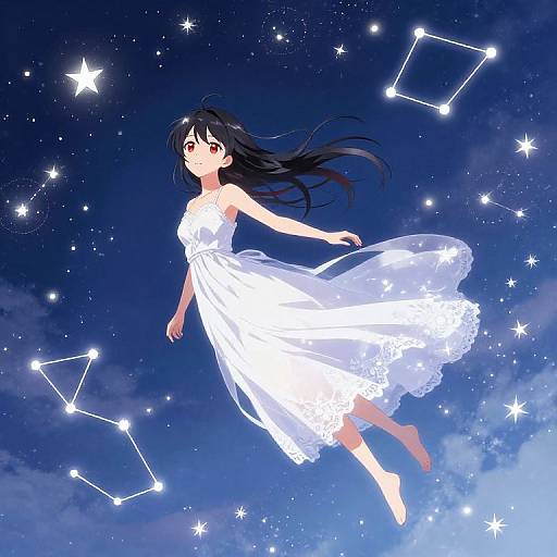 Anime-style digital drawing: Long black-haired girl in white, flowing dress floating against a starry night sky with constellation lines.