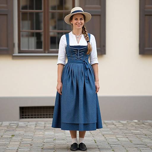 Photograph of a smiling woman with a braid, wearing a blue pinafore dress over a white blouse, black shoes, and a straw hat