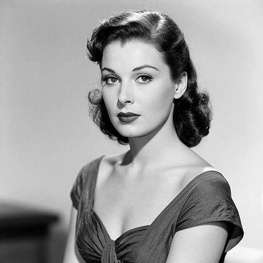 Black-and-white photograph of a 1940s-style woman with dark, wavy hair, wearing an off-shoulder dress, gazing softly
