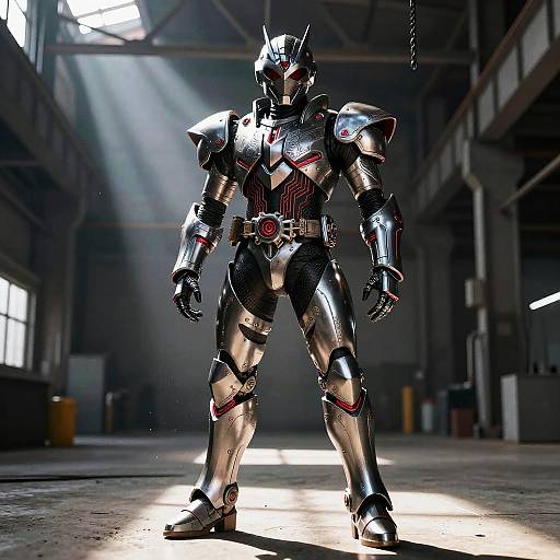 Photorealistic CGI of a shiny, silver robot with red accents standing in a dimly lit, industrial warehouse. Sunlight beams down, highlighting the