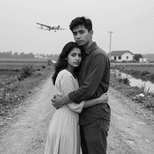 Black and White Couple Embrace on Rural Dirt Road