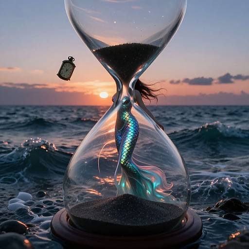 Photograph of a glowing, iridescent mermaid tail in a glass hourglass on a rocky beach at sunset, with a tag floating nearby.