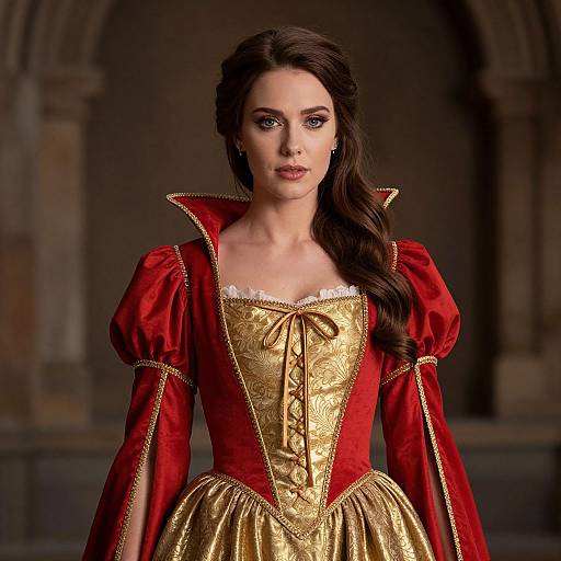 Photograph of a beautiful woman with fair skin and dark brown hair in a red and gold Renaissance-style dress, standing in a dimly lit, ar