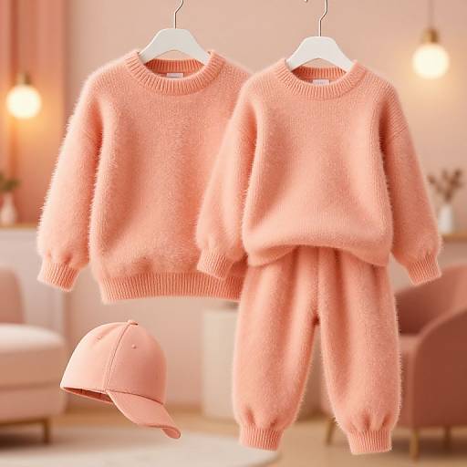 Photograph of two peach-colored, fluffy knit sweaters and matching pants with a pink baseball cap, hanging in a softly lit, pink-toned room