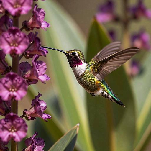 Photograph of a small hummingbird with iridescent green and purple feathers, hovering near vibrant purple flowers, sunlight highlighting its shimmering feathers.
