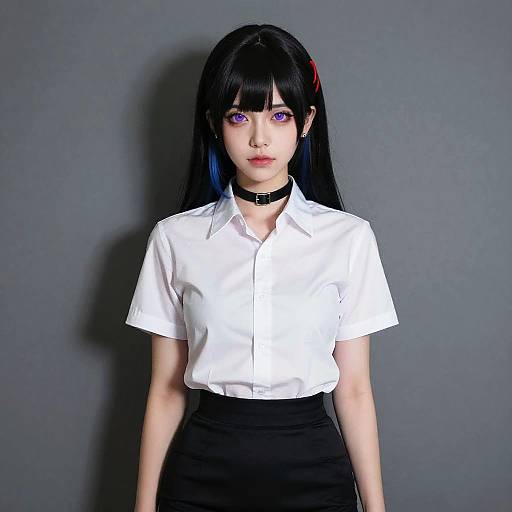 Photograph of an Asian woman with long black hair, purple eyes, white short-sleeve shirt, black skirt, black choker, standing against