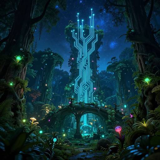 Digital fantasy artwork: Bioluminescent, neon-blue circuit path on ancient forest archway amidst glowing mushrooms, colorful orbs, and dense, dark trees