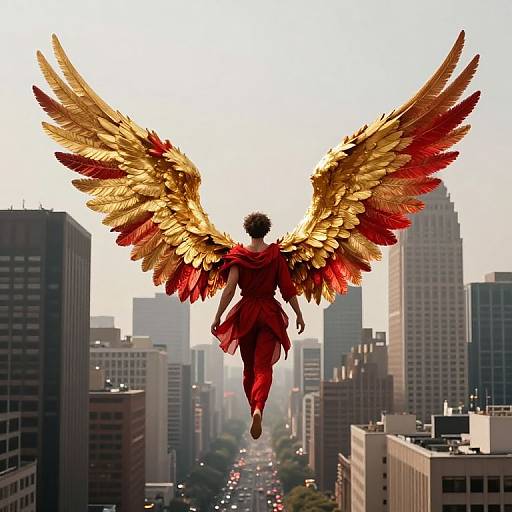 Silhouetted angel with red and gold wings flies over a cityscape of tall skyscrapers, glowing in the morning light. Digital art.
