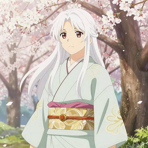 Digital anime-style drawing of a white-haired woman in a white kimono with a floral-patterned obi, standing under blooming cherry blossoms.