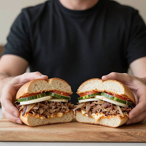 Photograph of a man in a black shirt holding two pulled pork sandwiches with green onions, cheese, and tomato on a wooden table.