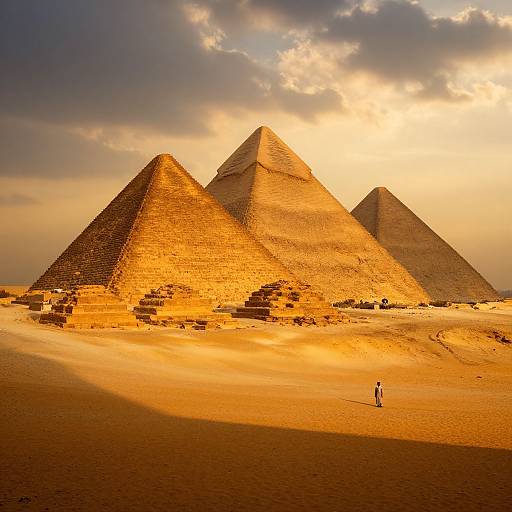 Photograph of three large, golden-hued pyramids at Giza, with a single small figure in the foreground under a dramatic, cloudy sky.