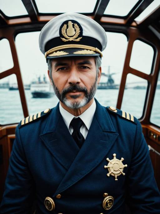 Confident Ship Captain in Uniform on Boat Bridge