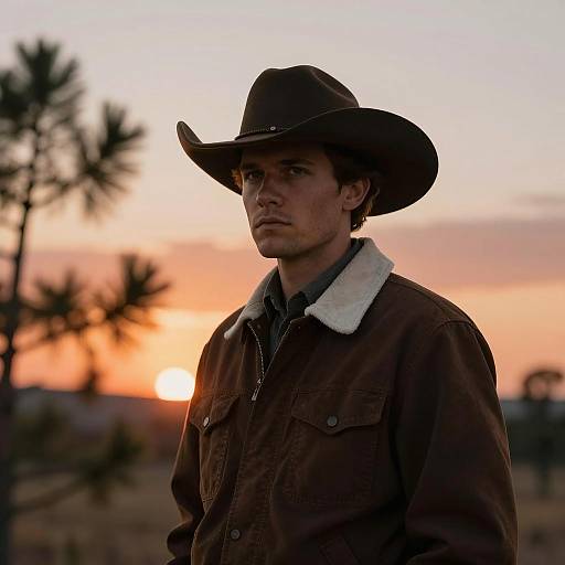 Photograph of a serious young man in a brown cowboy hat and jacket with a white collar, standing against a sunset desert sky with silhouetted