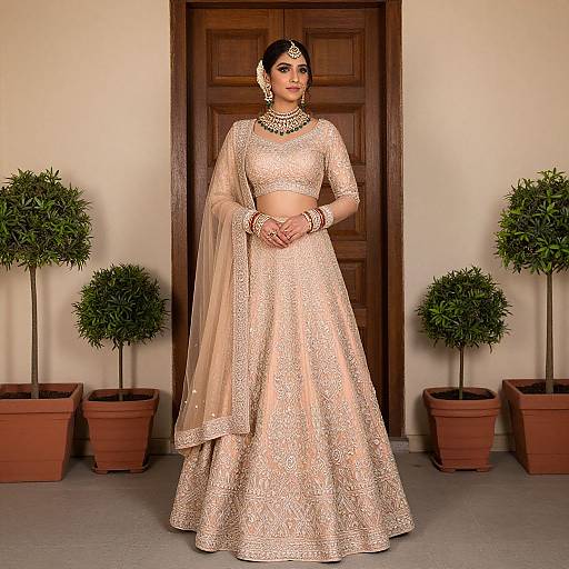 Photograph of a South Asian woman in an ornate, gold-trimmed beige bridal lehenga and dupatta, standing in front of a wooden
