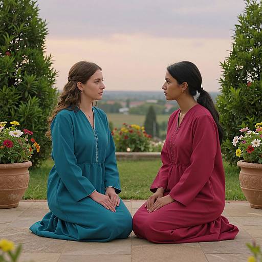 Photograph of two women, one in a teal dress, one in a red dress, kneeling outdoors, facing each other, with a garden and distant