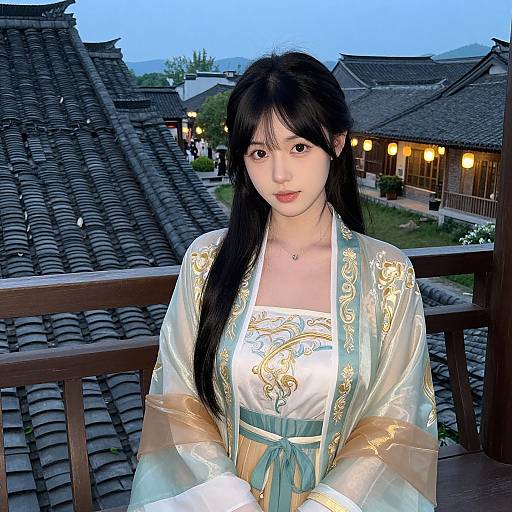 Photograph of a young Asian woman with long black hair, wearing an ornate, light-colored traditional Korean hanbok, standing on a wooden balcony