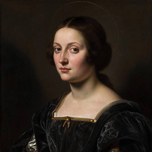 Photorealistic painting of a serene woman with fair skin, dark brown hair, and a subtle halo, wearing a black velvet dress with gold trim,