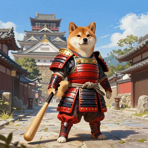 Digital art of an anthropomorphic Shiba Inu in traditional Japanese samurai armor, holding a wooden bat, standing on a sunlit, ancient temple