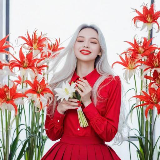 Ethereal Girl with Red and White Flowers