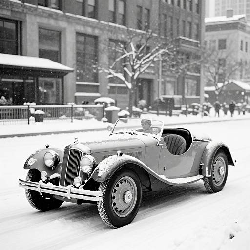 Black-and-white photograph of a vintage convertible car driving through a snowy city street with snow-covered buildings and leafless trees.