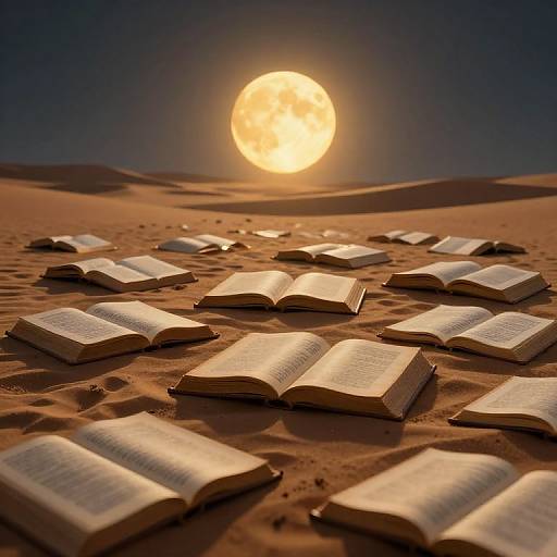 Photograph of open books scattered on a desert sand dune under a glowing full moon, casting warm light on the pages.