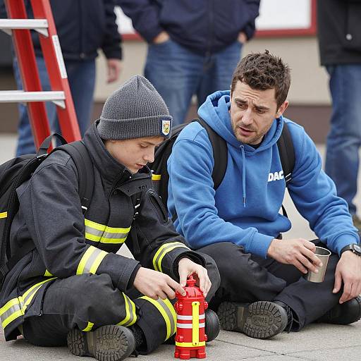 Two Men on Sidewalk with Toy Firefighter