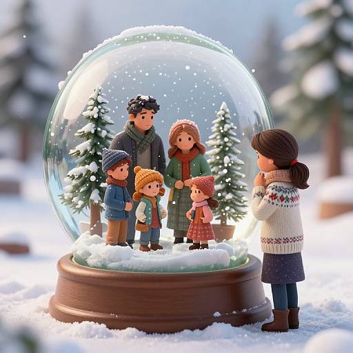 Photograph of a detailed snow globe with a winter family scene, featuring six colorful, miniature figures in winter clothes, surrounded by snow-covered trees, viewed