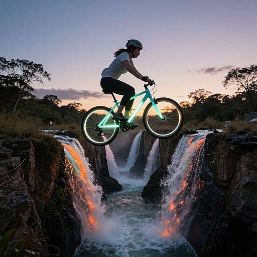 Photograph of a woman in a white helmet and white shirt, riding a glowing blue electric bike over a waterfall at sunset, with trees silhouet