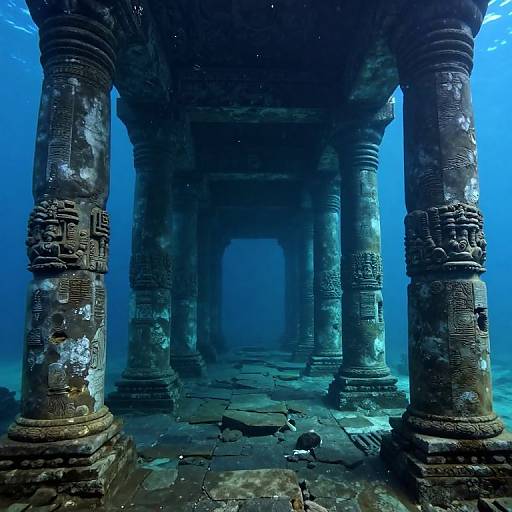 Photograph of an underwater ancient temple with weathered, intricately carved stone pillars and a dimly lit, blue-tinged interior.