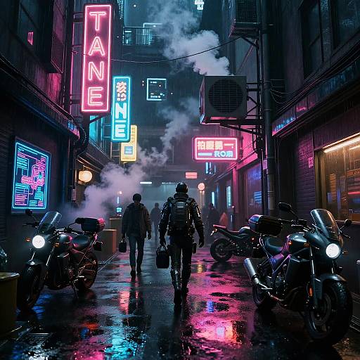 Neon-lit cyberpunk alley at night, two silhouetted figures walking through rain, surrounded by parked motorcycles, vibrant neon signs, and