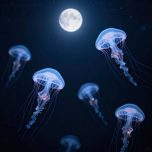 Photograph of glowing blue jellyfish floating under a full moon in a dark, starlit ocean, with delicate, translucent tentacles.