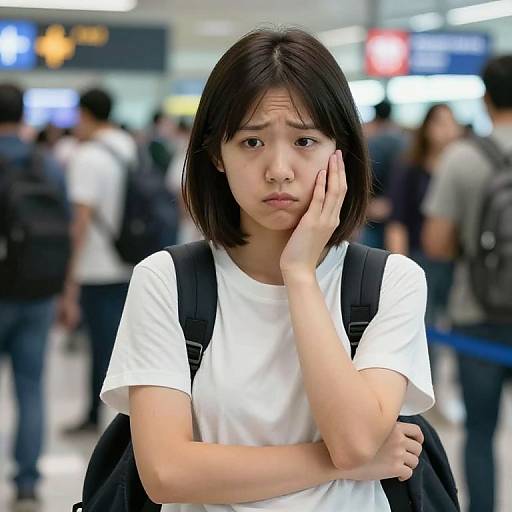 Photograph of an Asian woman with short black hair, wearing a white shirt, standing in a busy airport, looking worried, hand on cheek, backpack