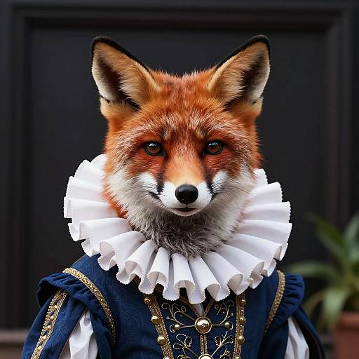 Photograph of a fox wearing a Renaissance-style navy blue dress with a white ruffled collar, set against a dark background.