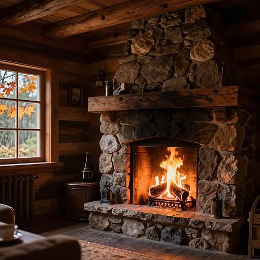 Cozy log cabin interior photograph: stone fireplace with roaring fire, wooden beams, autumn leaves in window, rustic decor, warm lighting.