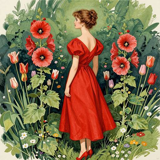 Digital illustration of a woman in a red dress, standing amidst vibrant red poppies, tulips, and green foliage, facing away.