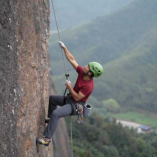 Climber Reaching on Reddish Rock Face