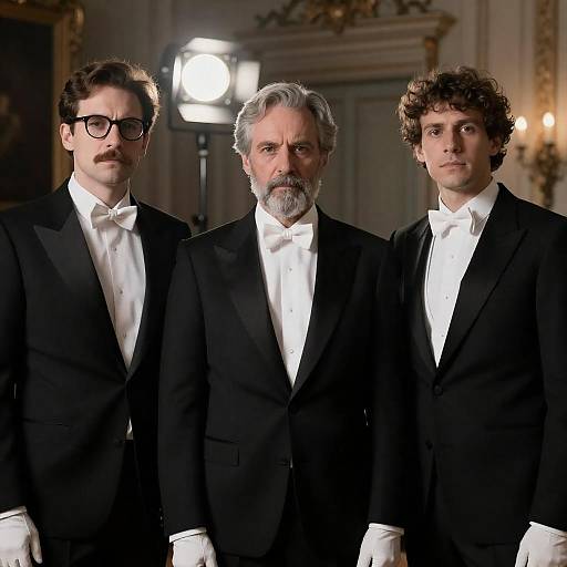 Three Men in Tuxedos in Dim Room
