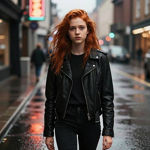 Photograph of a red-haired woman with wind-swept hair, wearing a black leather jacket and pants, walking on a rainy city street at night