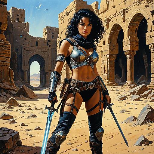 Fantasy Middle Eastern Female Warrior in Desert Ruins