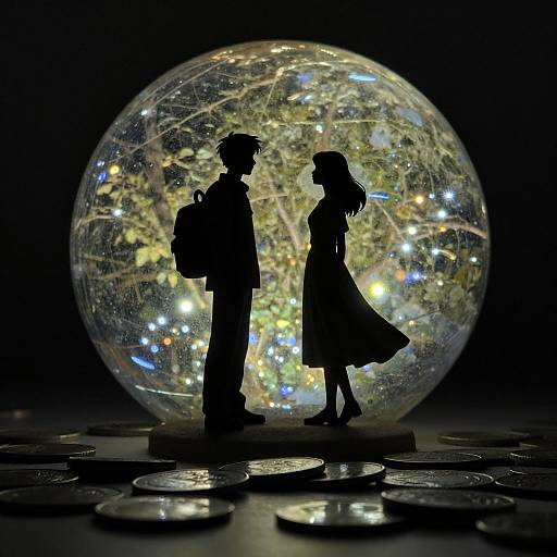 Silhouetted couple in front of glowing, multicolored orb on a dark background with scattered coins; photograph.
