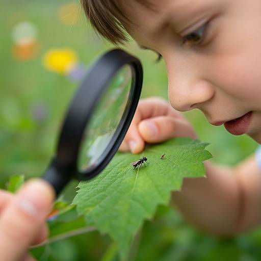 Close-up photograph of a curious child with brown hair, using a magnifying glass to examine a green leaf with a small black beetle. Blurry green