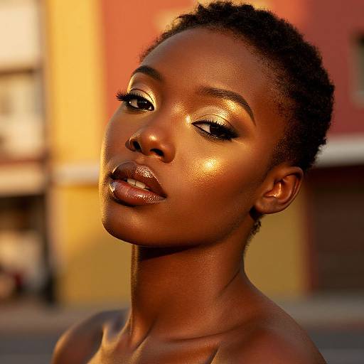 Photograph of a beautiful, dark-skinned woman with short, natural hair, glowing golden in sunlight. She has bold, winged eyeliner and
