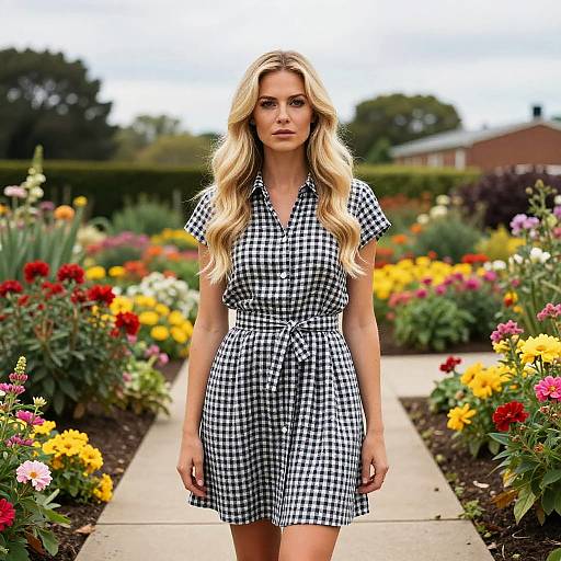 Photograph of a blonde woman with wavy hair, wearing a black-and-white gingham dress, standing in a colorful, blooming garden.