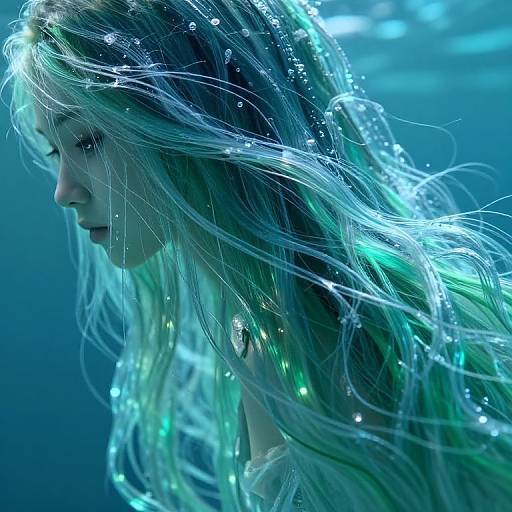 Photograph of a young woman with long, flowing, blue-green hair underwater, illuminated by glowing lights, with water droplets on her hair, g