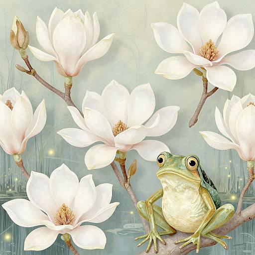Digital illustration of a green frog perched on a branch with blooming white magnolia flowers, set against a misty, reflective water background.