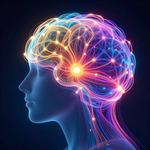 Digital artwork of a blue silhouette head with vibrant, glowing, colorful neural connections and lights against a dark background.