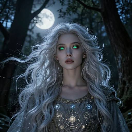 Digital artwork of a mystical woman with glowing green eyes and long, flowing silver hair, wearing a star-patterned robe, standing in a moonlit forest