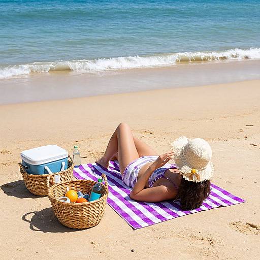 Photograph of a woman in a white sundress and straw hat sunbathing on a purple-striped towel on a sandy beach, with wicker baskets