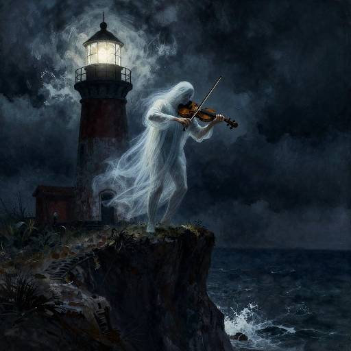 Ghostly Violinist on Stormy Lighthouse Cliff