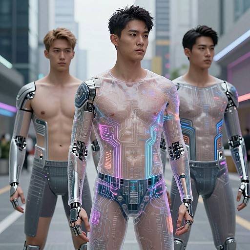 Three futuristic Asian men in neon cybernetic bodysuits, one center, two background, standing on a city street with towering buildings.
